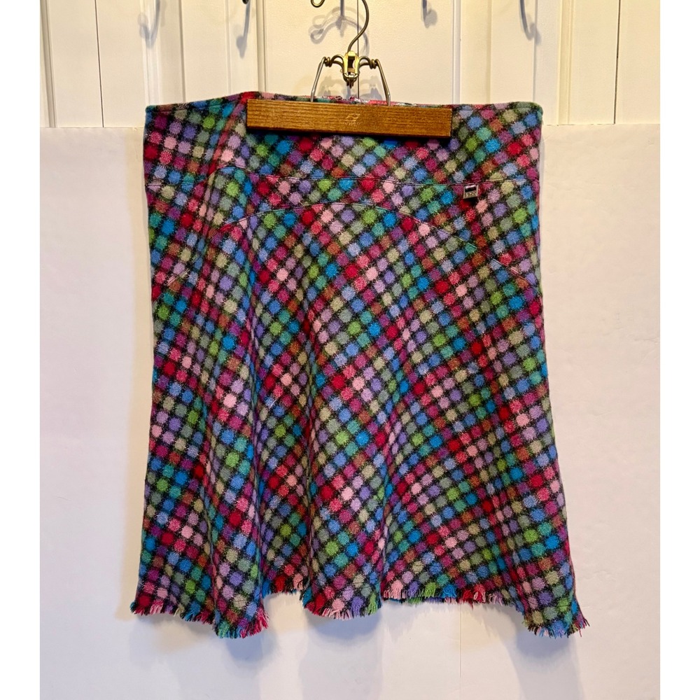 Ness Multicolor Rainbow Plaid Wool Blend Mini Skirt Frayed Hem A-Line Size 16